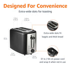 Amazon Basics 2 Slice Toaster, Extra Wide Slots for Bagels, 6 Browning Settings, Removable Crumb Tray, Defrost/Cancel/Bagel Buttons, Cord Wrap, 900W, Black & Silver
