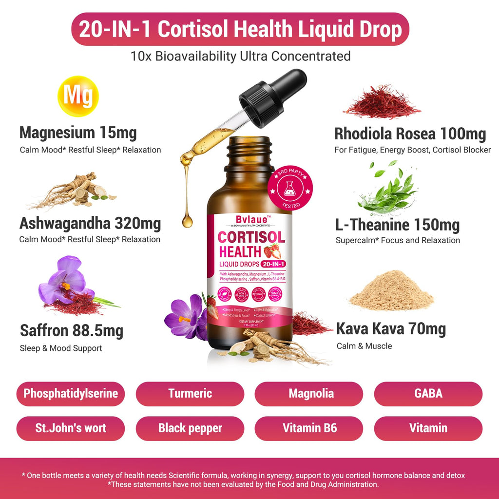 Bvlaue Cortisol Supplements Detox for Women - 20-in-1 Cortisol Reducer,Manager,Lower w/Ashwagandha,Magnesium,L-Theanine,Saffron,Rhodiola for Hormone Balance/Sleep/Stress Relief,Strawberry Flavor