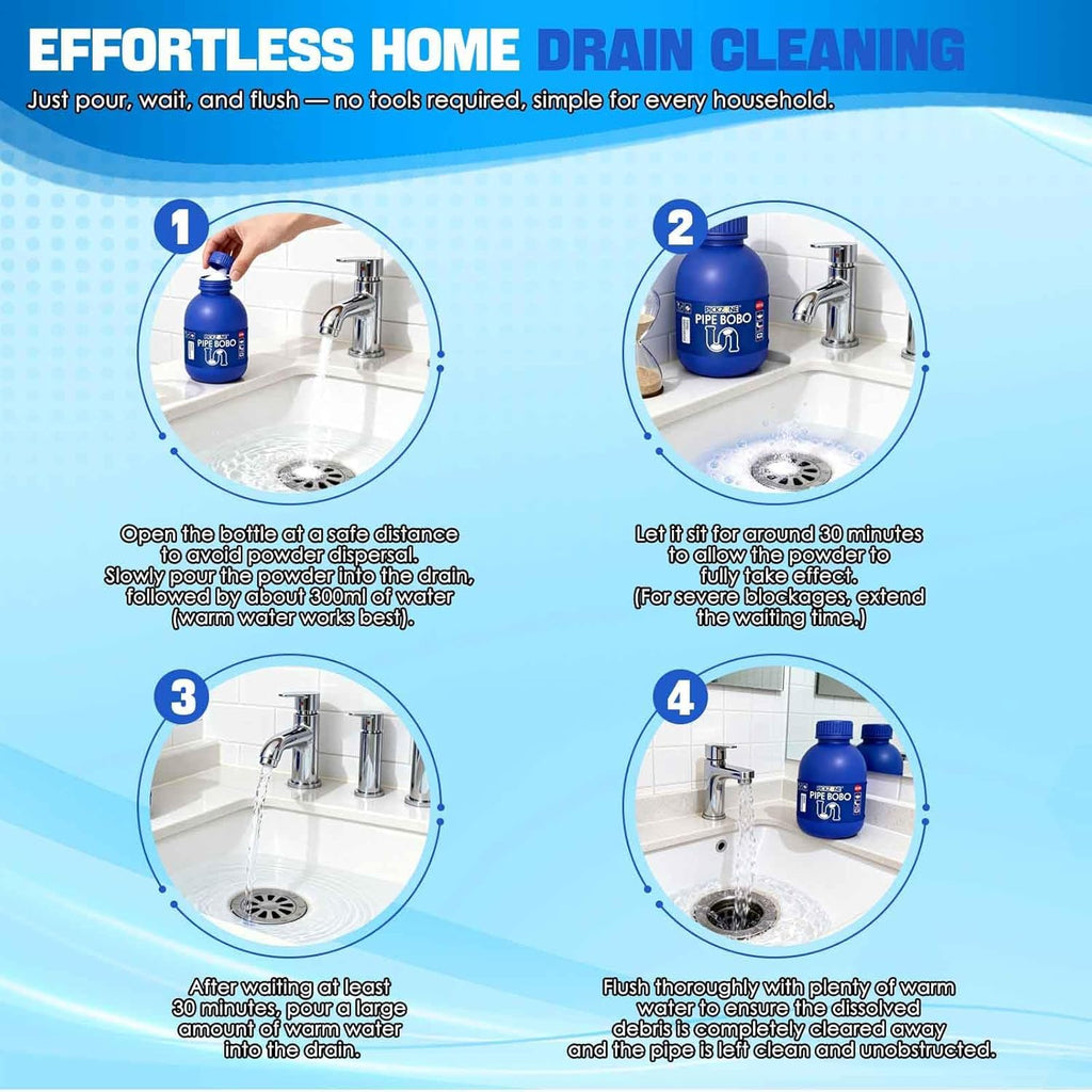 Pipe Bobo Drain Cleaner, Professional Strength Pipe Dredging Formula for Kitchen Sinks, Shower Drains, Tubs, Dissolves Blockages (3Pcs)