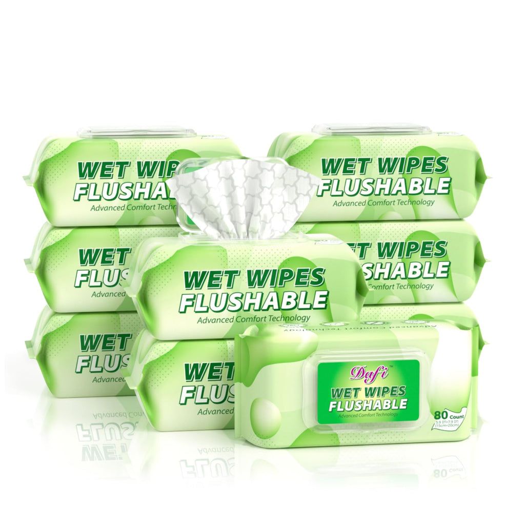 DAFI Flushable Wipes for Adult Wet Wipes, Total 720 Unscented Toilet Wipes Flushable, No Alcohol & 100% Plant Based Fibers, Septic and Sewer Safe Pack of 9