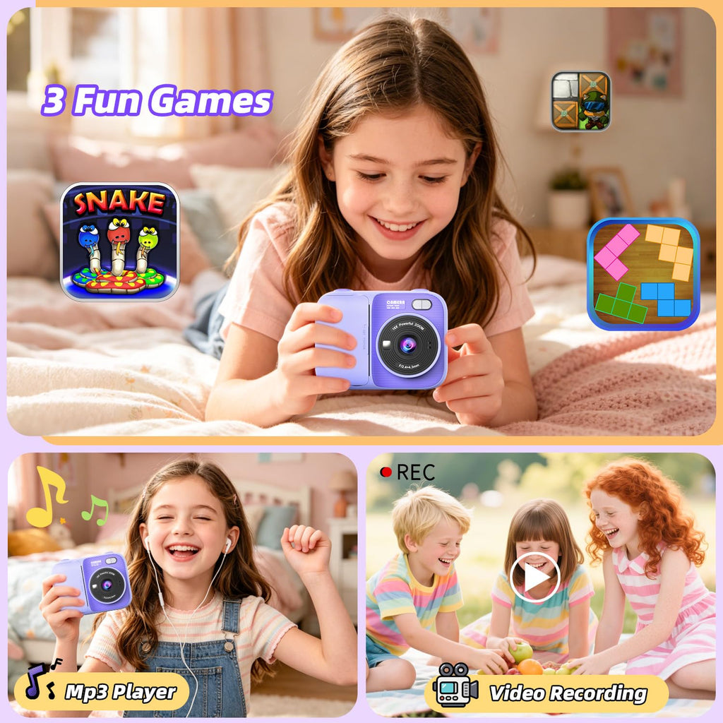 Kids Instant Print Camera with 5 Rolls Print Paper, 1080P HD Camera, Rechargeable Portable Toddler Selfie Camera, Christmas Birthday Gifts Toys for Boys Girls Age 3-12 (Purple)