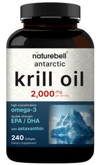 NatureBell Antarctic Krill Oil 2000mg Supplement, 240 Softgels, 3X Strength Natural Source of Omega-3s, EPA 240mg + DHA 160mg + Astaxanthin 800mcg – No Fishy Aftertaste – Mercury Free & Non-GMO