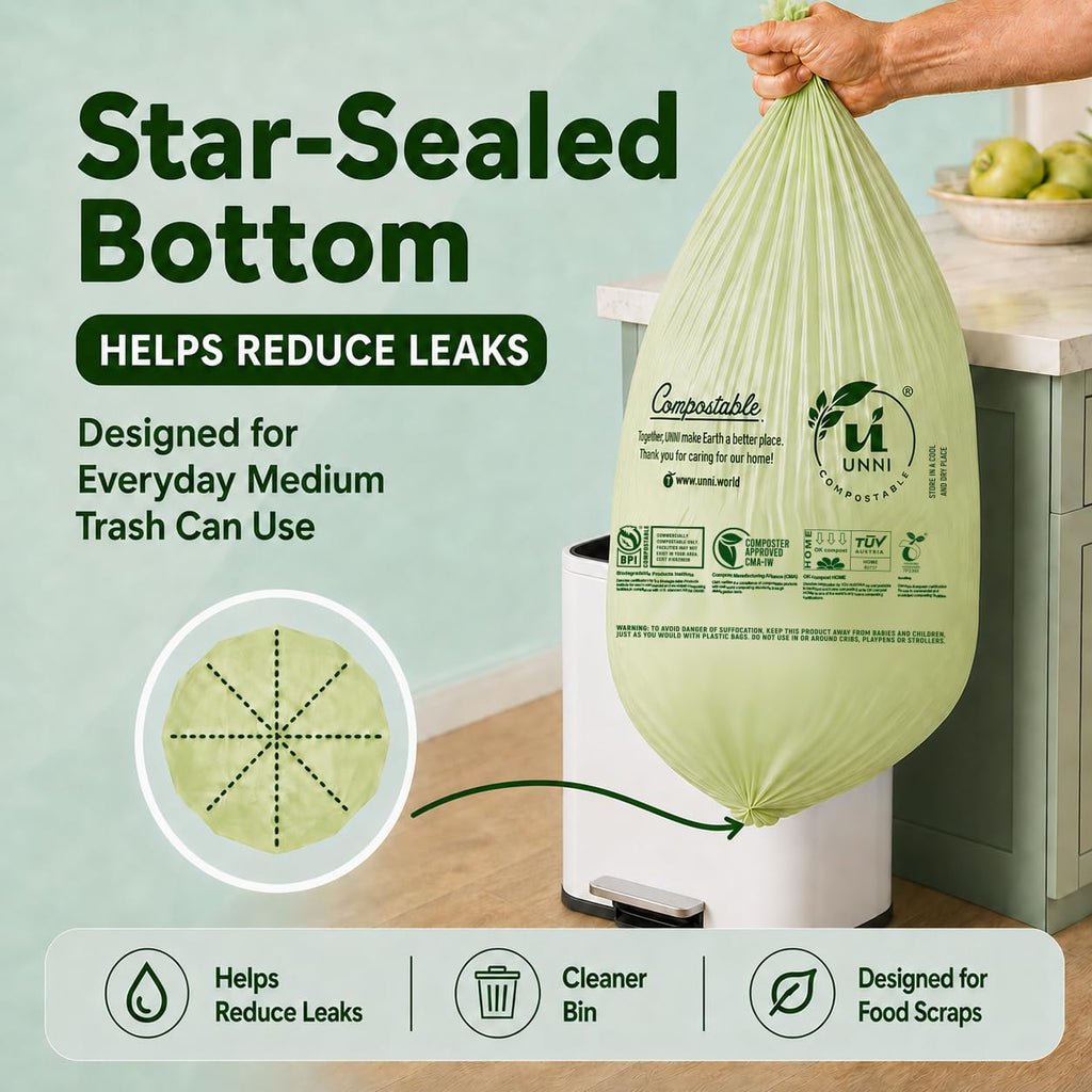 UNNI Compostable Trash Bags, 8 Gallon / 30 Liter, 50 Count, Extra Thick 0.85 mil Medium Kitchen Food Scrap Bin Liners, Certified by BPI, CMA & OK compost HOME, Meets the ASTM D6400 Standard