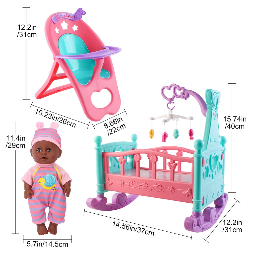 deAO Black Baby Doll Set - Mobile, High Chair, Stroller & Feeding Accessories - 21 Piece Play Set (Doll Included)
