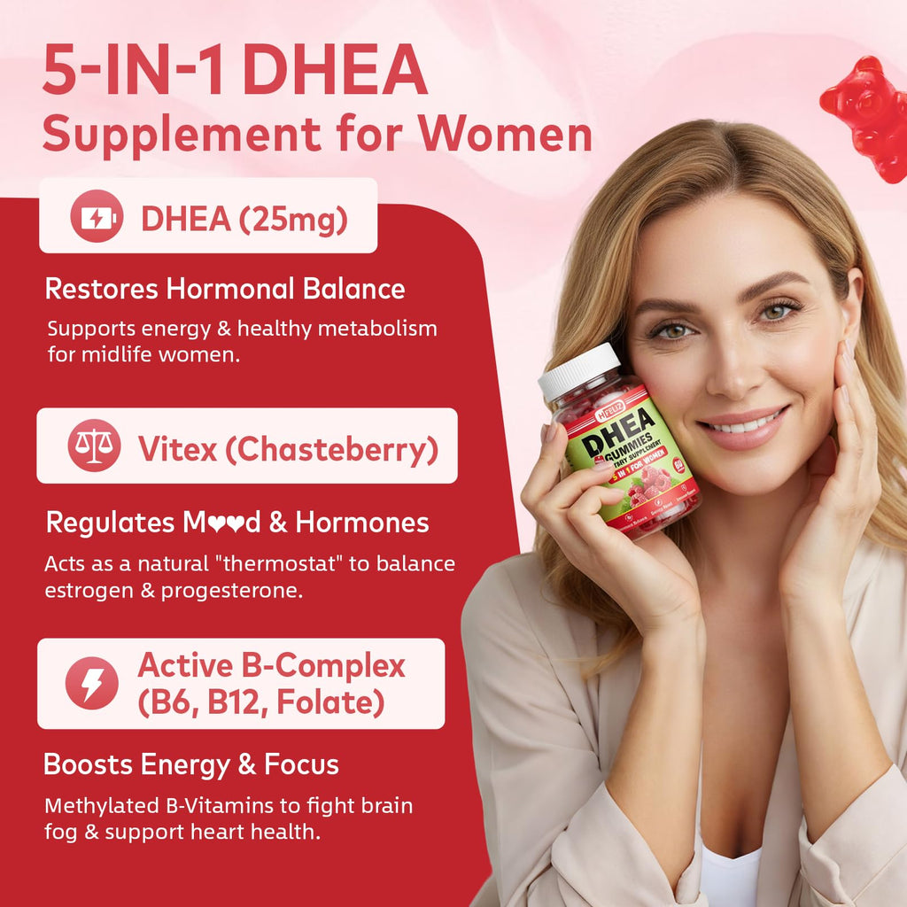 HFELIZ DHEA Supplement for Women, DHEA 25mg Gummies with B6, B12, Folate and Chasteberry for Energy Support, Vegan, Raspberry Flavor, 60 Count