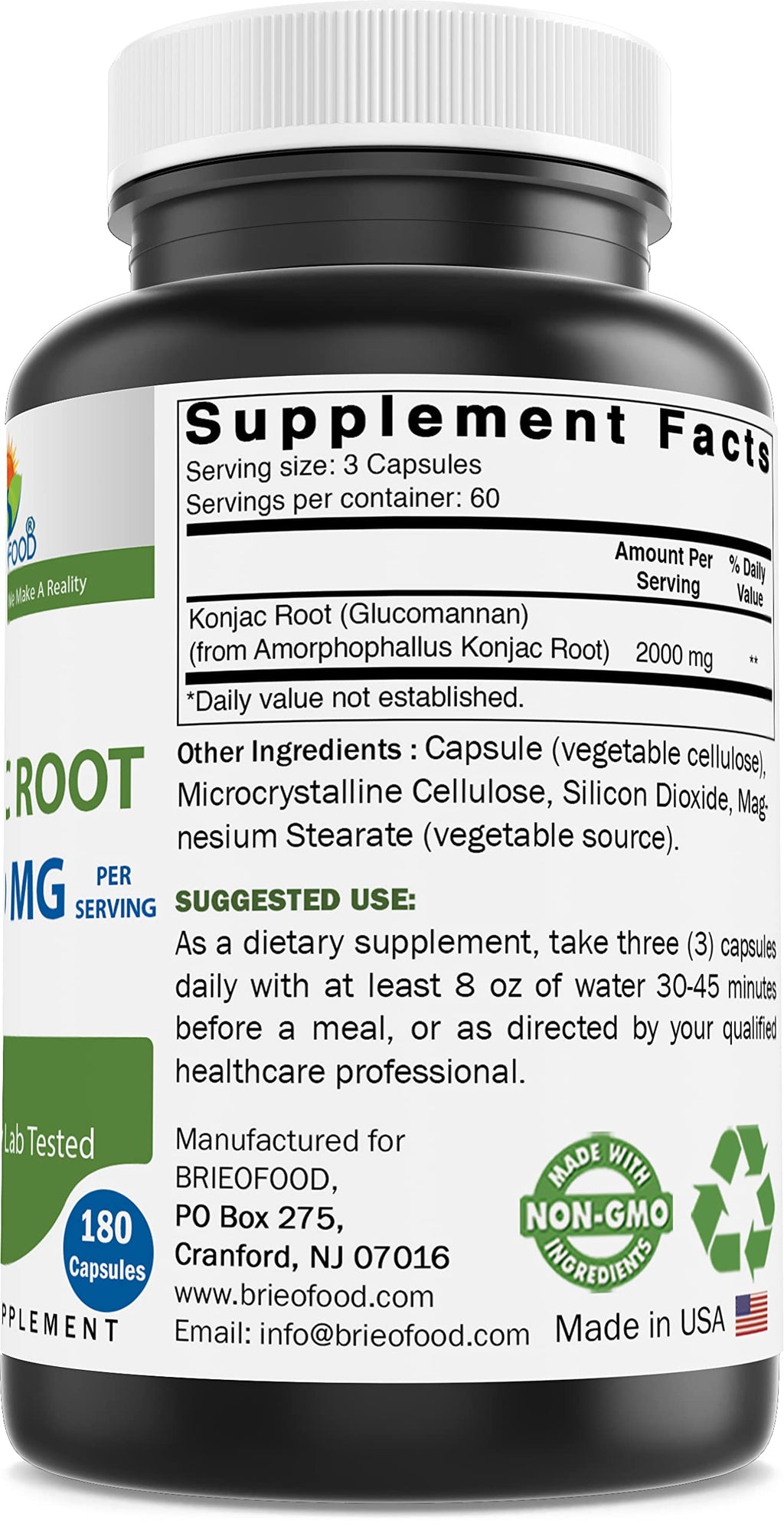 Brieofood Konjac Root Glucomannan 2000 mg per Serving - 180 Vegetarian Capsules (Pack of 2)