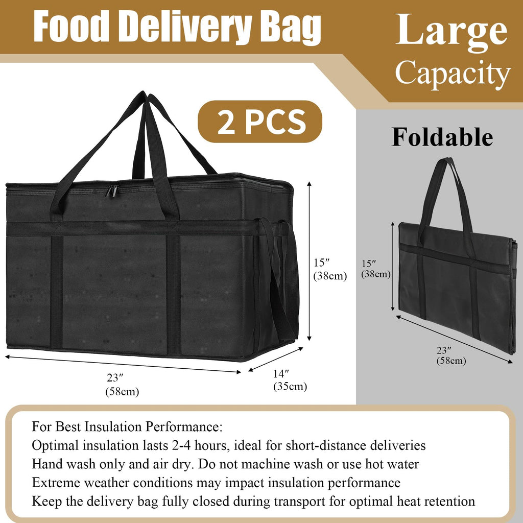 PEASUG 2PCS Insulated Bags for Food Delivery, XXXL Pizza Delivery Bags, Large Capacity Cooler Bag Keep Food Warm for Grocery Shopping and Catering, Foldable, Heavy-Duty (Black)