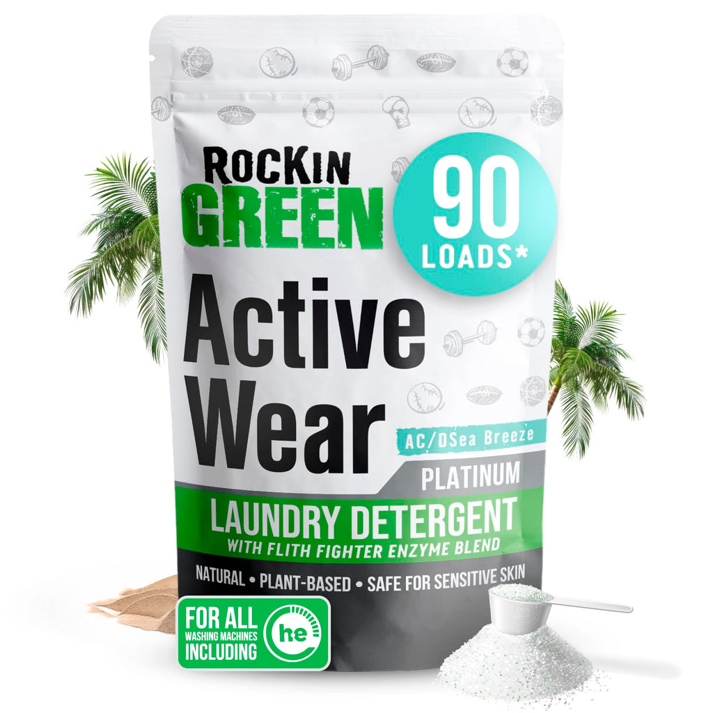 Rockin' Green Laundry Detergent, Plant based, All Natural Laundry Detergent Powder, Vegan and Biodegradable Odor Fighter, Safe for Sensitive Skin (Active Wear 90 Loads - AC/DSea Breeze)