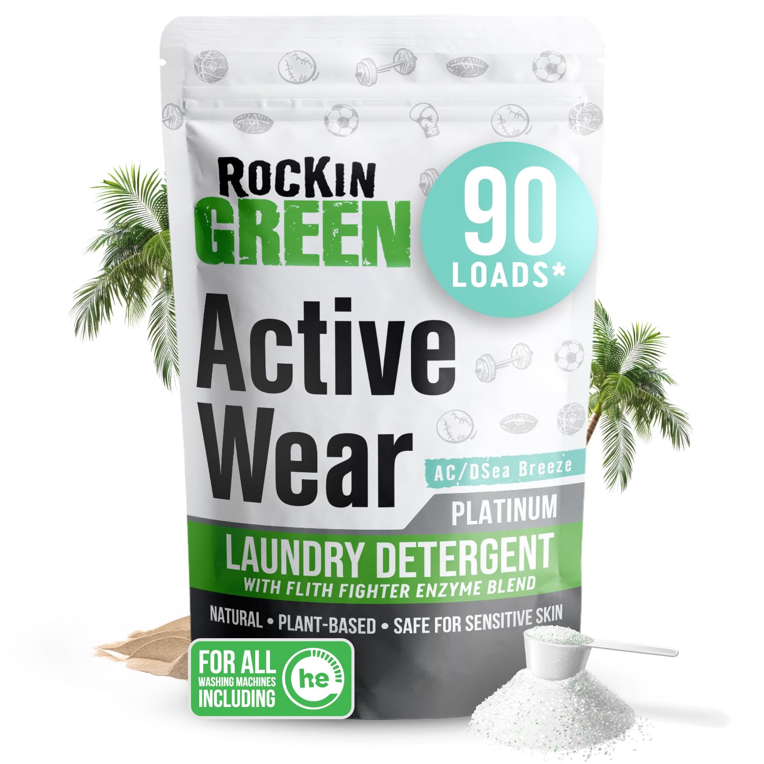 Rockin' Green Laundry Detergent, Plant based, All Natural Laundry Detergent Powder, Vegan and Biodegradable Odor Fighter, Safe for Sensitive Skin (Active Wear 90 Loads - AC/DSea Breeze)