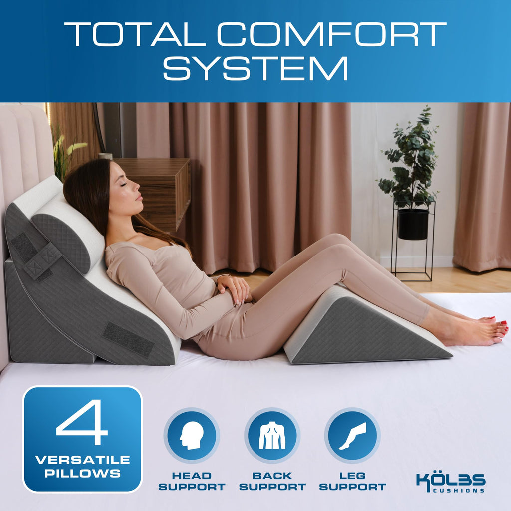 Kolbs 4pcs Orthopedic Bed Wedge Pillow Set for After Surgery, Sleep Apnea Pillow | Stylish Plush Velvet Cover | Deluxe Cushion Set for Sleeping and Acid Reflux, Sleep Apnea Devices (4 Piece Wedge Set)