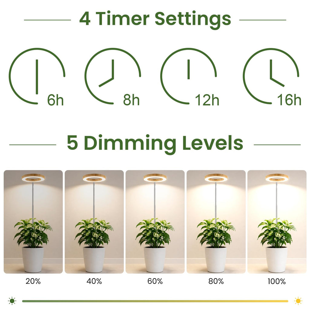LBW Grow Lights for Indoor Plants, 6.3" Full Spectrum Plant Light with Base, 65" Height Adjustable Grow Lamp, 6/8/12/16H Auto Timer, 3 Colors, 5 Dimmable Levels, for Tall Large Plants, Bamboo Grain
