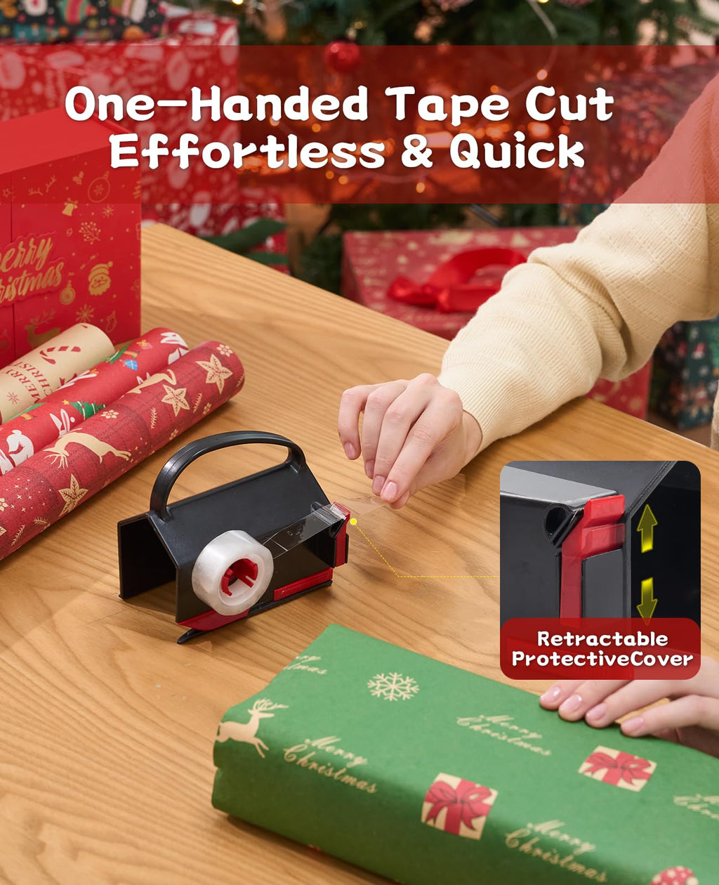 2 Pack Wrapping Paper Cutter & Tape Dispenser Dual Use, Gift Wrap Cutter Tool for Rolls Paper with 4 Tapes & 2 Replace Blades Kit for Christmas Birthday, Easy Cut for Present Wrapping