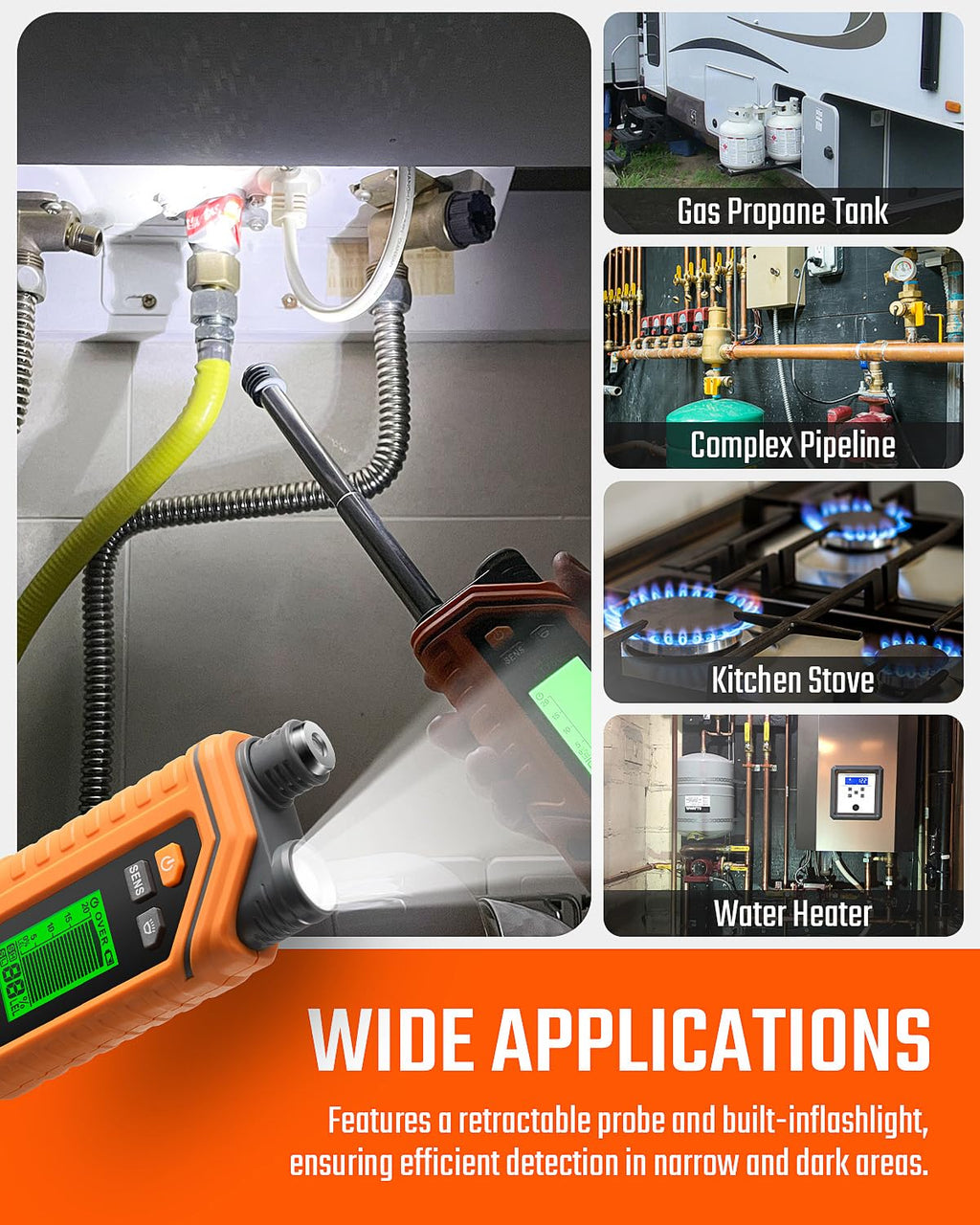 TopTes PT760 Rechargeable Natural Gas Detector, Gas Leak Detector with 12-inch Extendable Probe,%LEL Propane Leak Detection with Built-in Flashlight for Methane, Butane and More for Home, RV