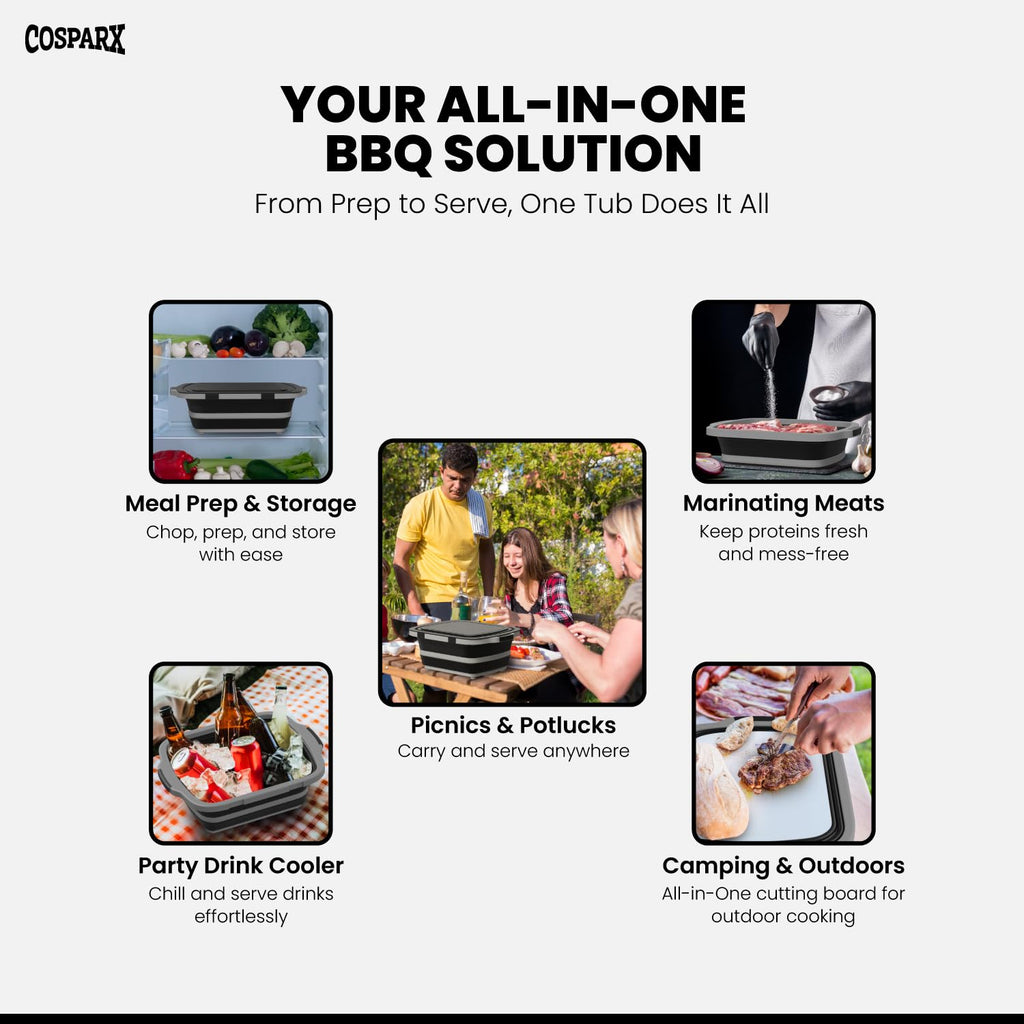 XL Collapsible BBQ Prep Tub with Cutting Board & Drain Plug – Portable Food Prep Station for Kitchen, Camping & Grill – Dishwasher Safe, Space-Saving Design – Heat-Resistant Glove Included (2-pack)