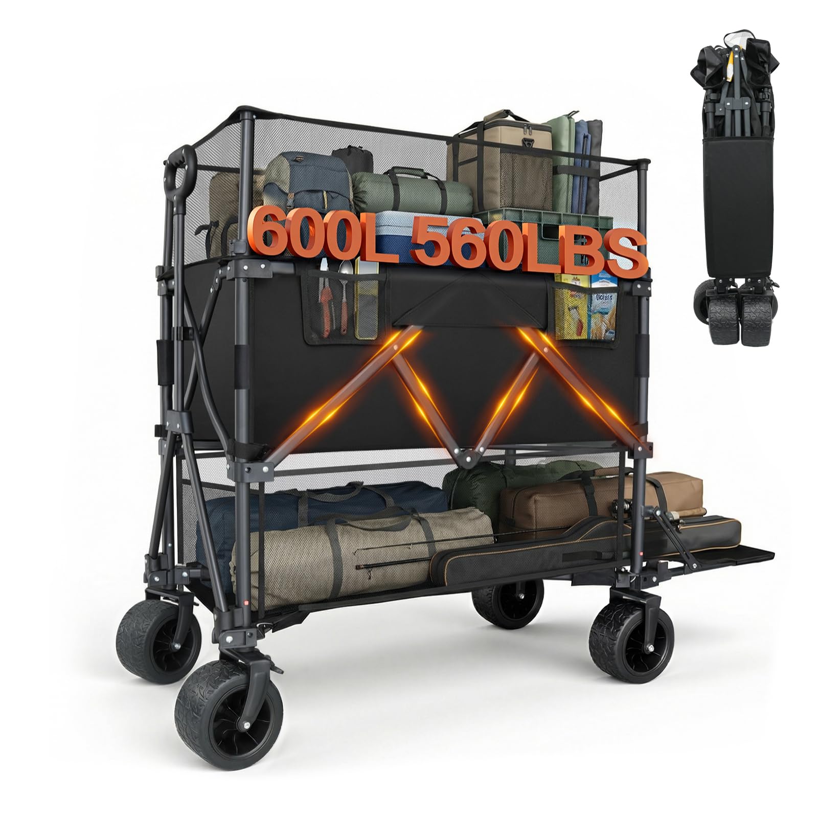 Double Decker Wagon with Retractable Mesh & Tailgate - 560Lbs Load Heavy Duty Foldable Collapsible Wagon Cart with Wheels for Camping, Groceries, Sports (Black)