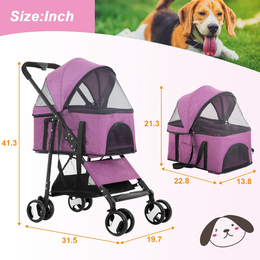 BestPet Pet Stroller Premium 3-in-1 Multifunction Dog Cat Jogger Stroller for Medium Small Dogs Cats with Folding Lightweight Travel & Detachable Carrier,Purple