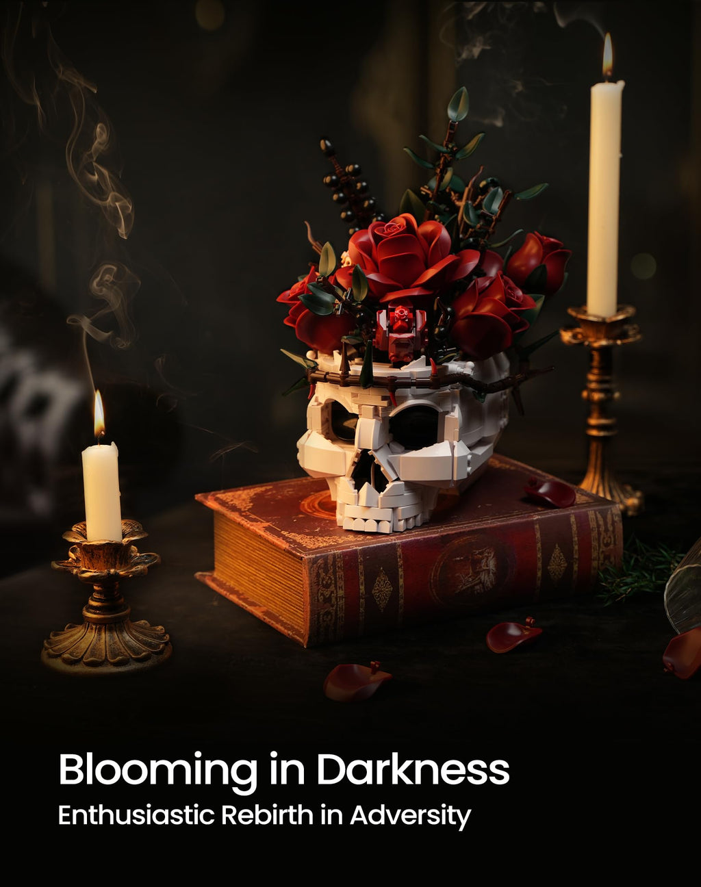 iATOM Skull Rose Bouquet Building Set, Compatible with Lego Flowers for Adult - Halloween Gothic Horror Skeleton Plant Pot Home Decor - Artificial Flower Botanical Collection Gifts, IA11008