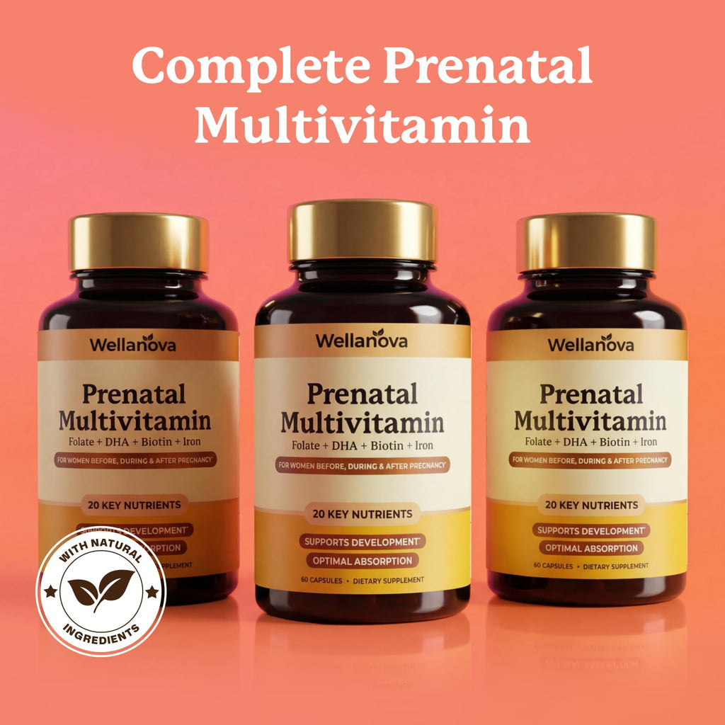 Wellanova Prenatals Multivitamin for Women – with Iron – Family Planning & Pregnancy Prenatal Vitamins with DHA, Folate & Gentle Chelated Minerals – 60 Capsules