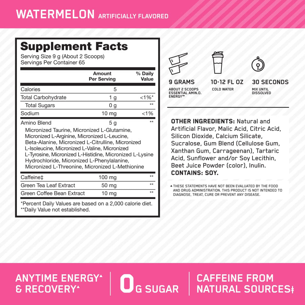 Optimum Nutrition Amino Energy - Pre Workout with Green Tea, BCAA, Amino Acids, Keto Friendly, Green Coffee Extract, Energy Powder - Watermelon, 65 Servings (Packaging May Vary)