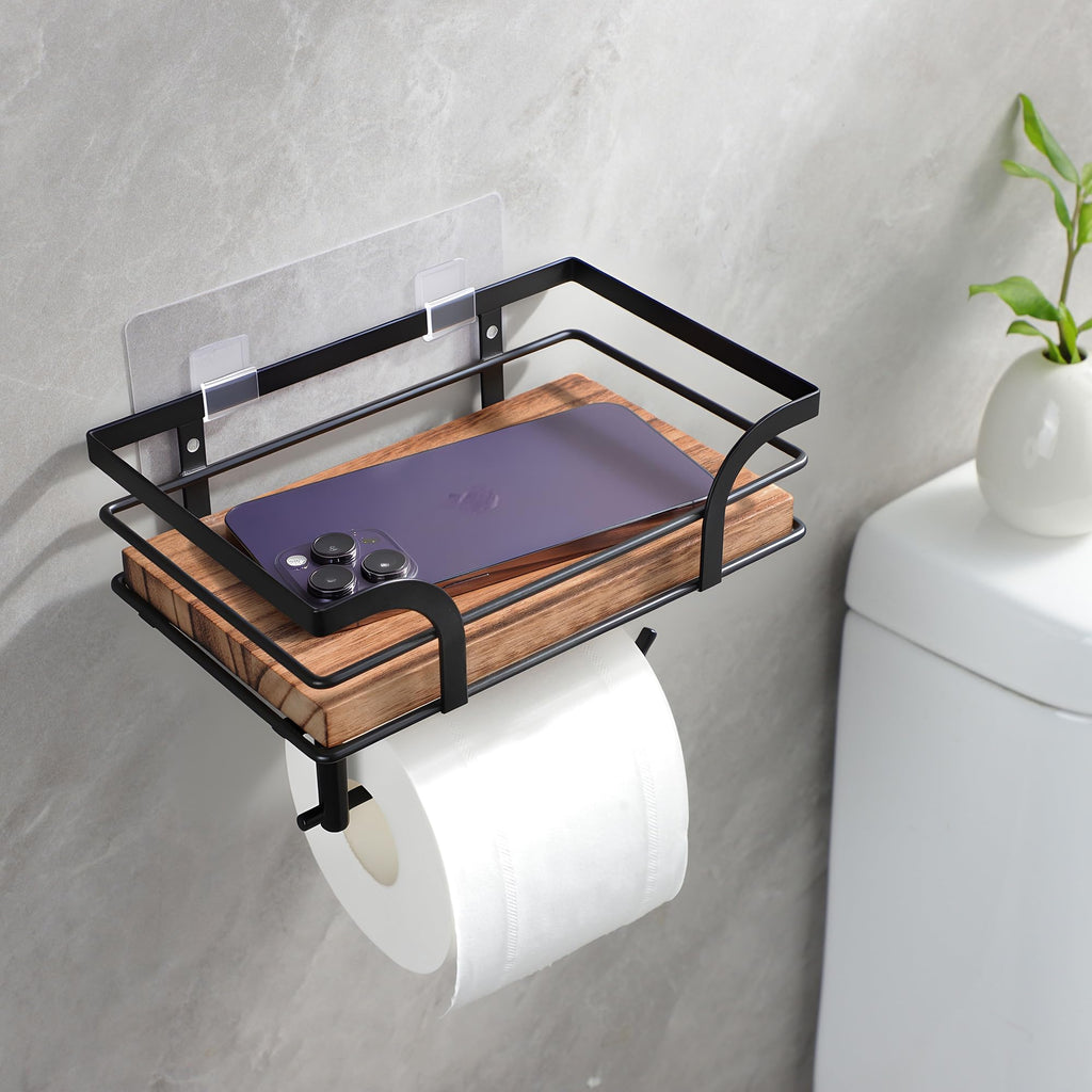 YIGII Rustic Farmhouse Toilet Paper Holder with Shelf - Wooden Tissue Paper Roll Holder, Bathroom Wall Mounted Toilet Paper Roll Holder with Wipes Storage, Black Metal