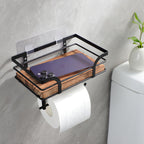 YIGII Rustic Farmhouse Toilet Paper Holder with Shelf - Wooden Tissue Paper Roll Holder, Bathroom Wall Mounted Toilet Paper Roll Holder with Wipes Storage, Black Metal