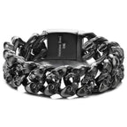 COOLSTEELANDBEYOND Men's Black Stainless Steel Skull Cuban Link Bracelet, Rugged Gothic Biker Chain, Heavy-Duty Jewelry, Secure Box Clasp