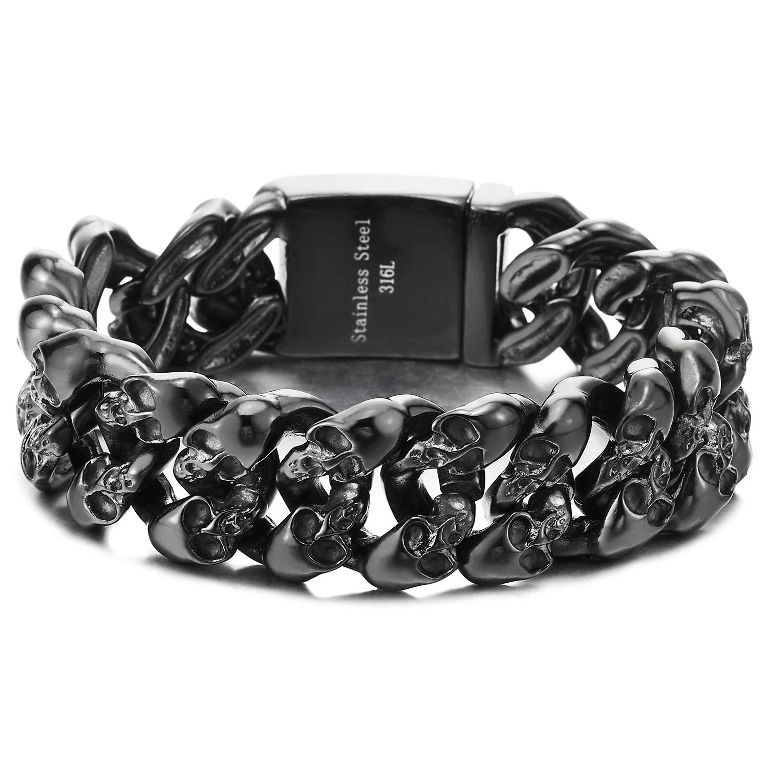 COOLSTEELANDBEYOND Men's Black Stainless Steel Skull Cuban Link Bracelet, Rugged Gothic Biker Chain, Heavy-Duty Jewelry, Secure Box Clasp