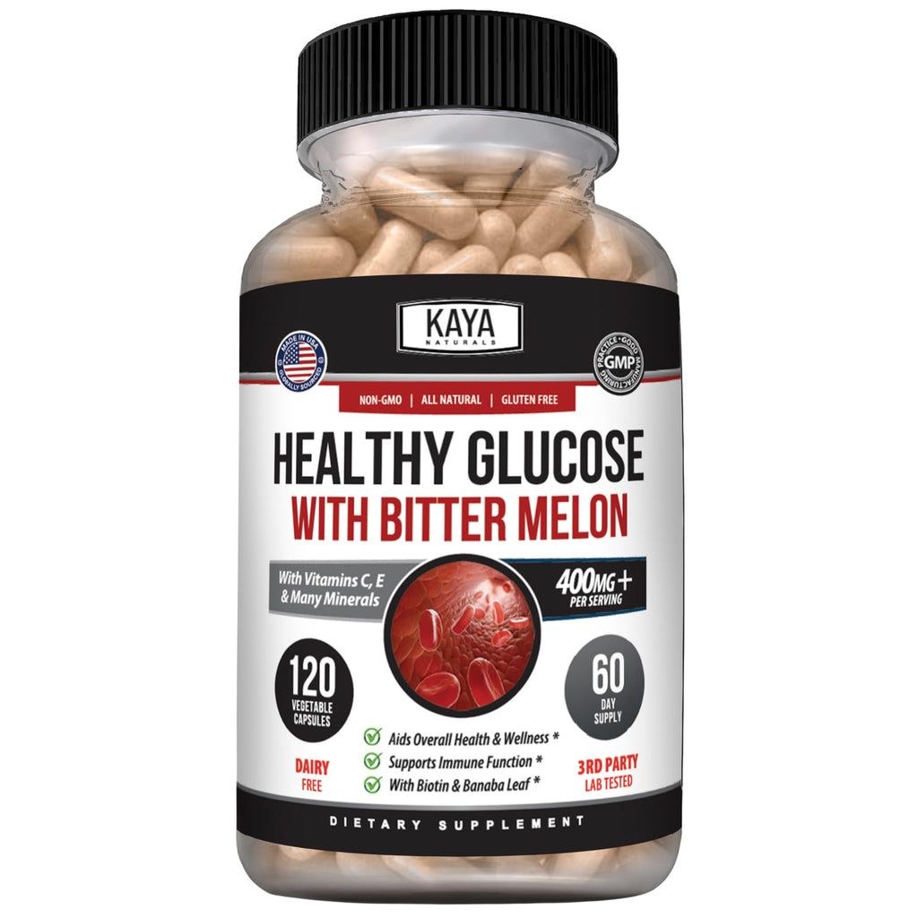 Kaya Naturals Healthy Gluco with Bittermelon Supplement | Support Healthy Levels and Function, 20 Herbs Vitamins and Minerals, Alpha Lipoic Acide, Cinnamon, Vitamin C & E, Non-GMO (120 Count)