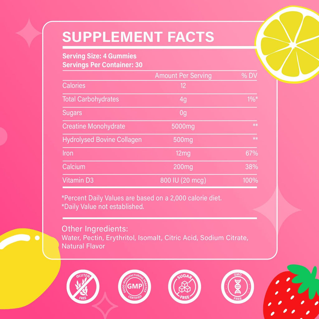Creatine for Women, Creatine Monohydrate Gummies with Collagen, Vitamin D3 & Calcium for Muscles, Booty & Energy, Flavored Sugar Free Creatine Gummies Post & Pre Workout Supplements (Pack of 2)