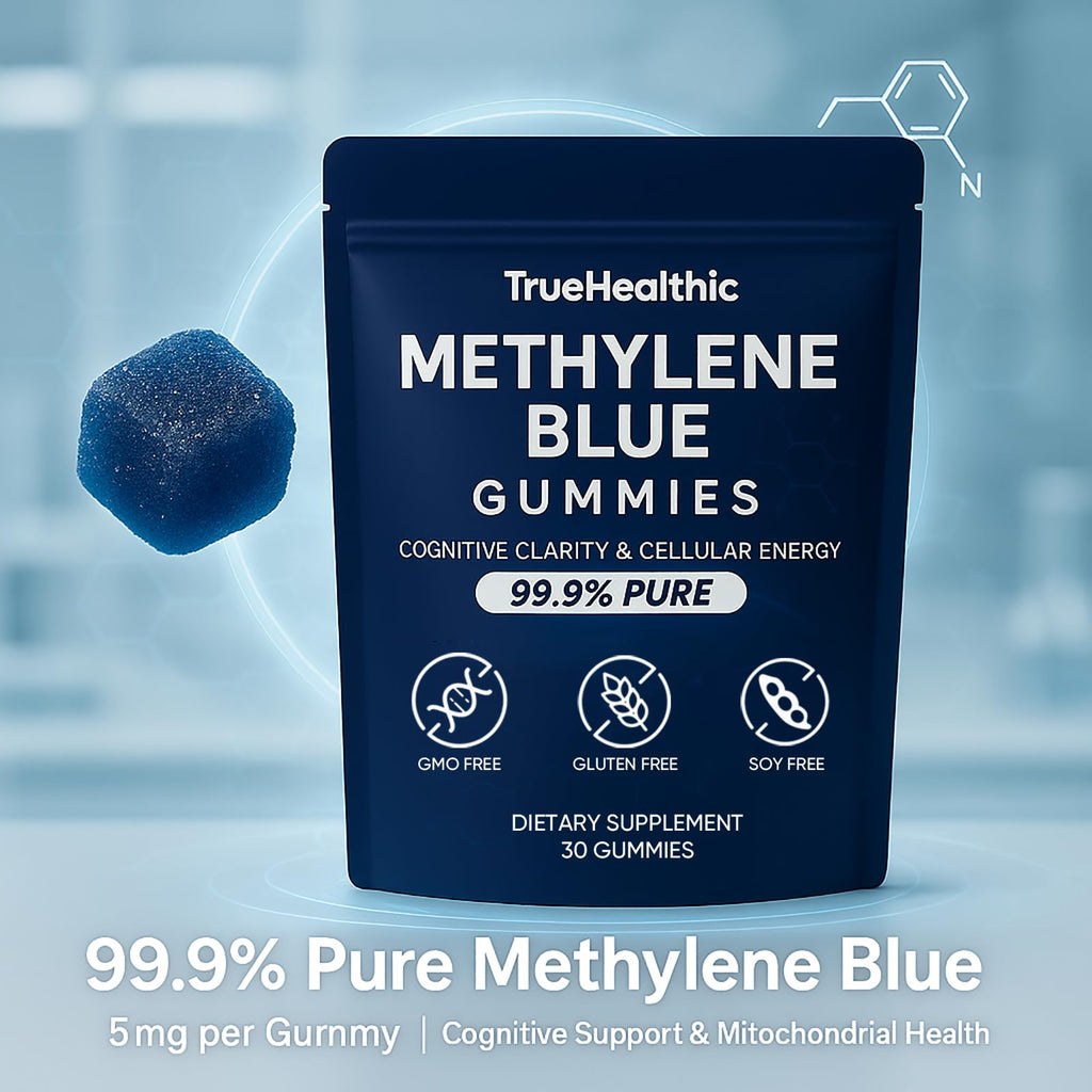TRUEHEALTHIC Methylene Blue Gummies - 99.9% Pure, 5mg per Gummy, Supports Sustained Energy, Mental Clarity, Reduces Brain Fog & Improves Focus, Mood Enhancement - 30 Gummies (1)