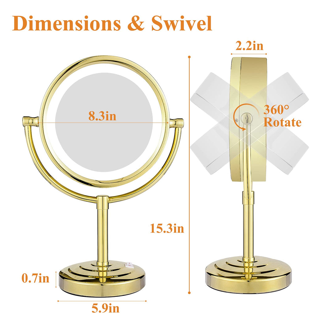 GURUN 8.5 Inch Tabletop LED Lighted Makeup Mirror with 7X Magnification Double Sided Vanity Mirror Plug Power Gold Finish M2208DJ(8.5in,7X)