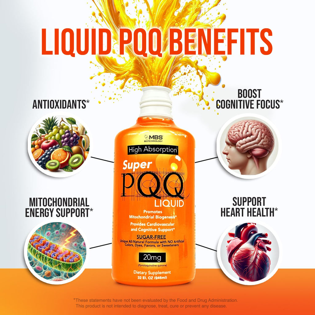 MBS Biotechnology - Super PQQ Liquid - Highly Absorbable Pyrroloquinoline Quinone 20 Milligram, Best Liquid PQQ for Mitochondrial Biogenesis, Supports Heart Health, Cognitive Function and Mental Focus