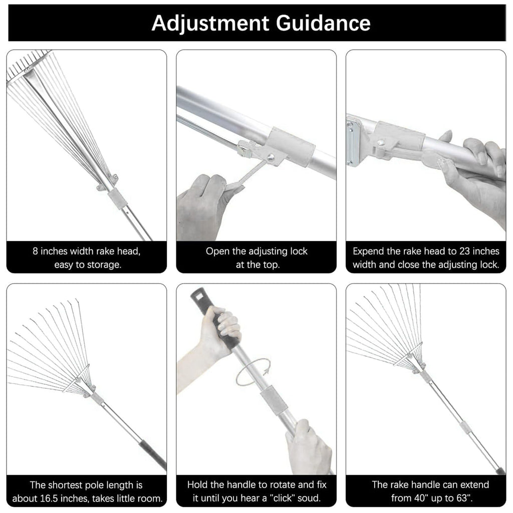 Buyplus Adjustable Garden Leaf Rake - 24 to 63 Inch Telescopic Metal Expandable Folding Leaves Rake, Metal Rakes for Leaves, Yard Rakes for Lawn Yard, Flowers Beds, Sliver