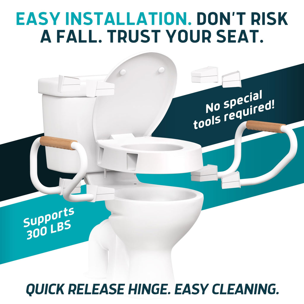 Lunderg Raised Toilet Seat with Handles - Round/Standard - Easy to Install Toilet Seat Risers for Seniors - Adds 3 Inches & Works like the one you’ve always used - Elegant design - No Hospital Vibe
