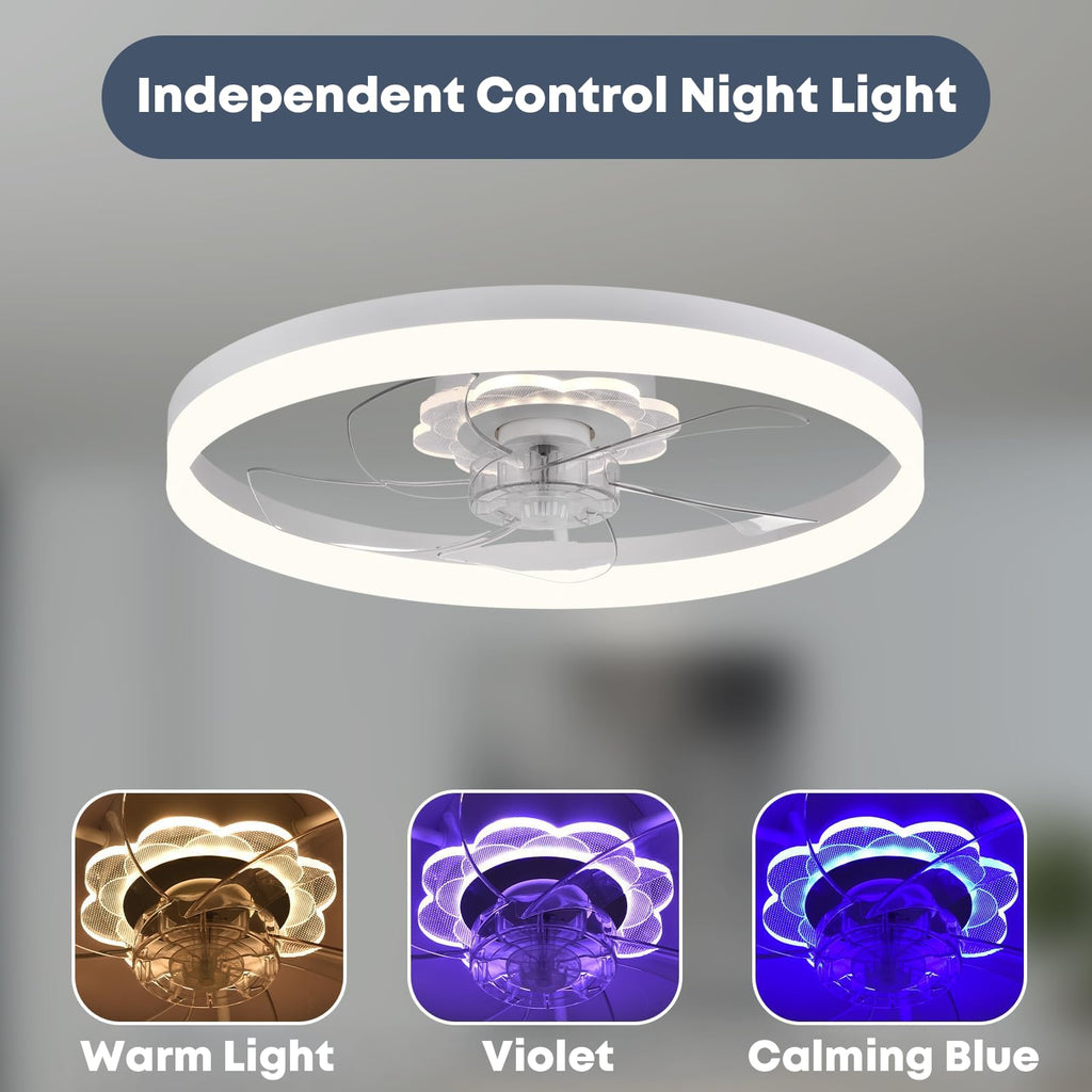FSZDORJ 24'' Ceiling Fan with Light, Upgraded Low Profile Ceiling Fan with Light, Dimmable Flush Mount Ceiling Fan with Light, Fan light, 6 Speeds, App & Remote Control, Quiet Fan for Bedroom, Kitchen