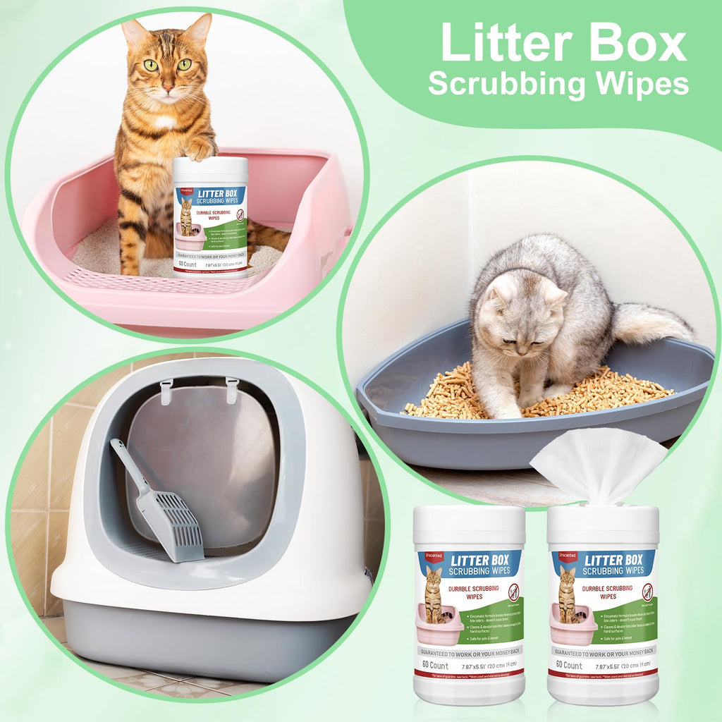 Breling 2 Pack Litter Box Scrubbing Wipes 120 Count Pets Cat Litter Box Cleaning Wipes Unscented Removes Stains Easily for Pet Cleaning Supplies