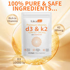 MXCZBSM 2 Bag Vitamin D3 K2 Supplement Softgel, Vitamin D3 K2 Softgel with 10000 IU Supports Immune, Heart, Teeth & Bone Health, Free of GMO, Gluten, Soy