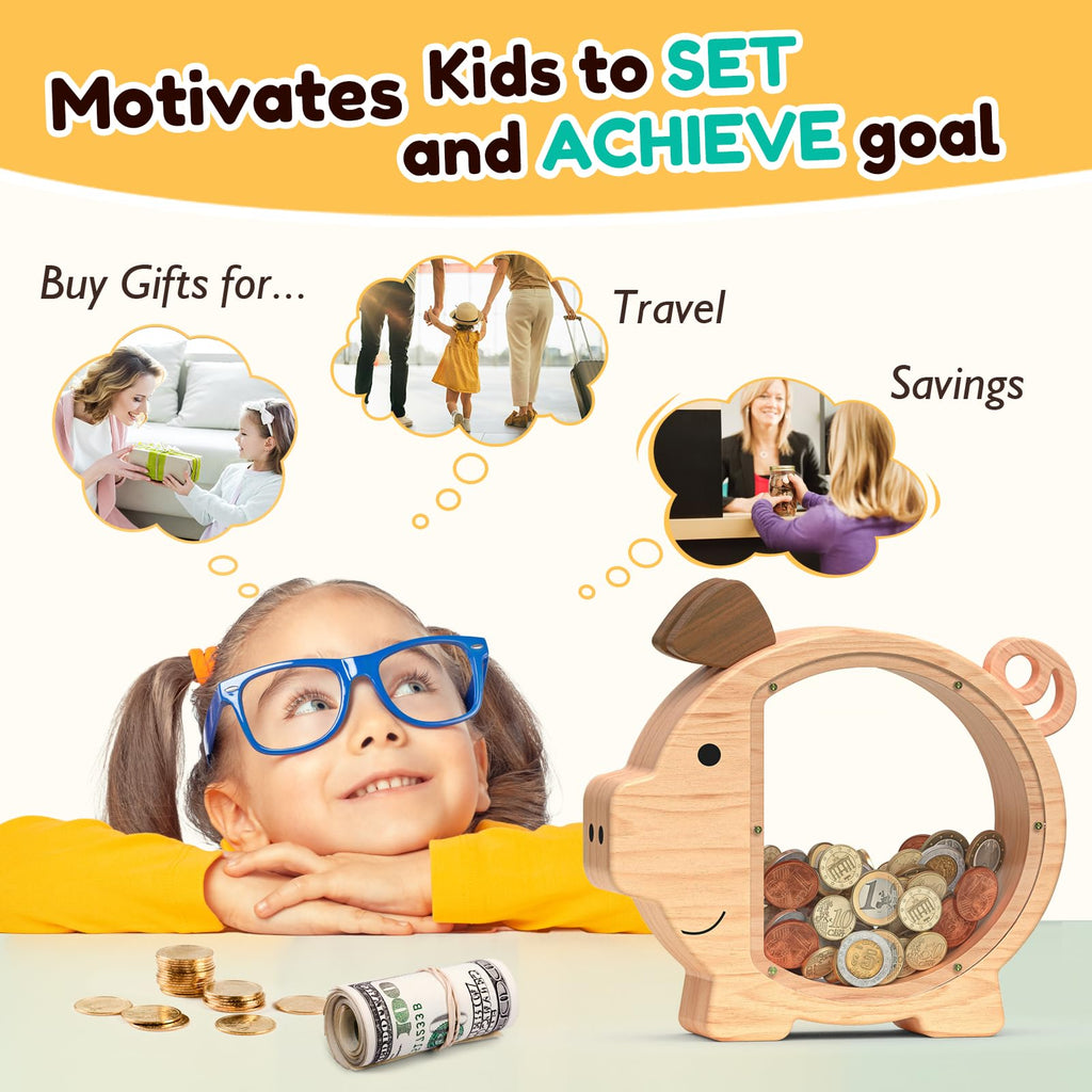 Summidate Piggy Bank for Kids,Large Wooden Pig Money Bank for Boys Girls