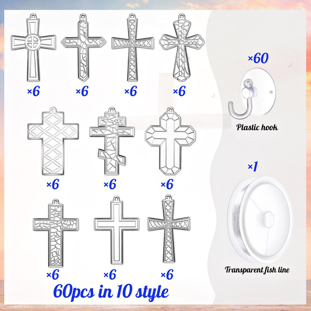 Wonderjune 60 Sets Ramadan Suncatcher Decorations Window Eid Christian Cross Suncatcher Ornaments Paint DIY Religious Art Suncatchers Crafts Kit for Jesus Sunday Activities Project Party