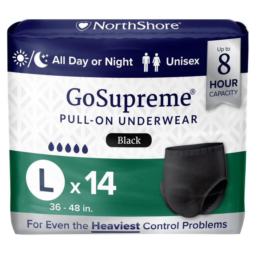 NorthShore GoSupreme Overnight Pull-On Underwear, 8-Hour Leak Protection, Large, 14-Count Bag, Black, (36-48 in Waist), Unisex Adult Diapers