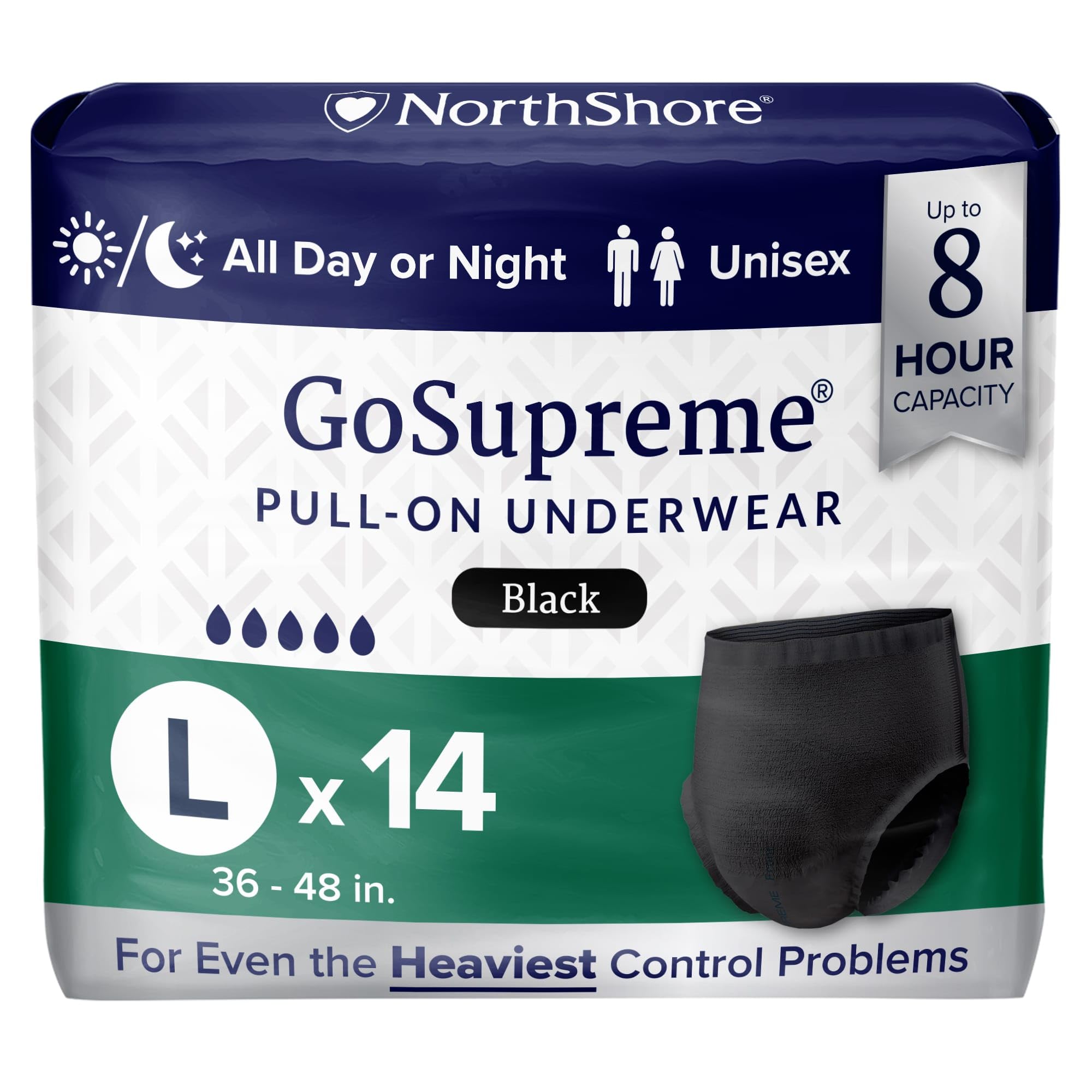 NorthShore GoSupreme Overnight Pull-On Underwear, 8-Hour Leak Protection, Large, 14-Count Bag, Black, (36-48 in Waist), Unisex Adult Diapers