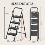 Urackify 4 Step Ladder, Portable Folding Ladder for Multi-Purpose, Home, Kitchen, Heavy Sturdy Steel Step Stool with Handrail, Anti-Slip Wide Pedals, Safe-Lock Design, Pass 500lbs Load Testing, Black
