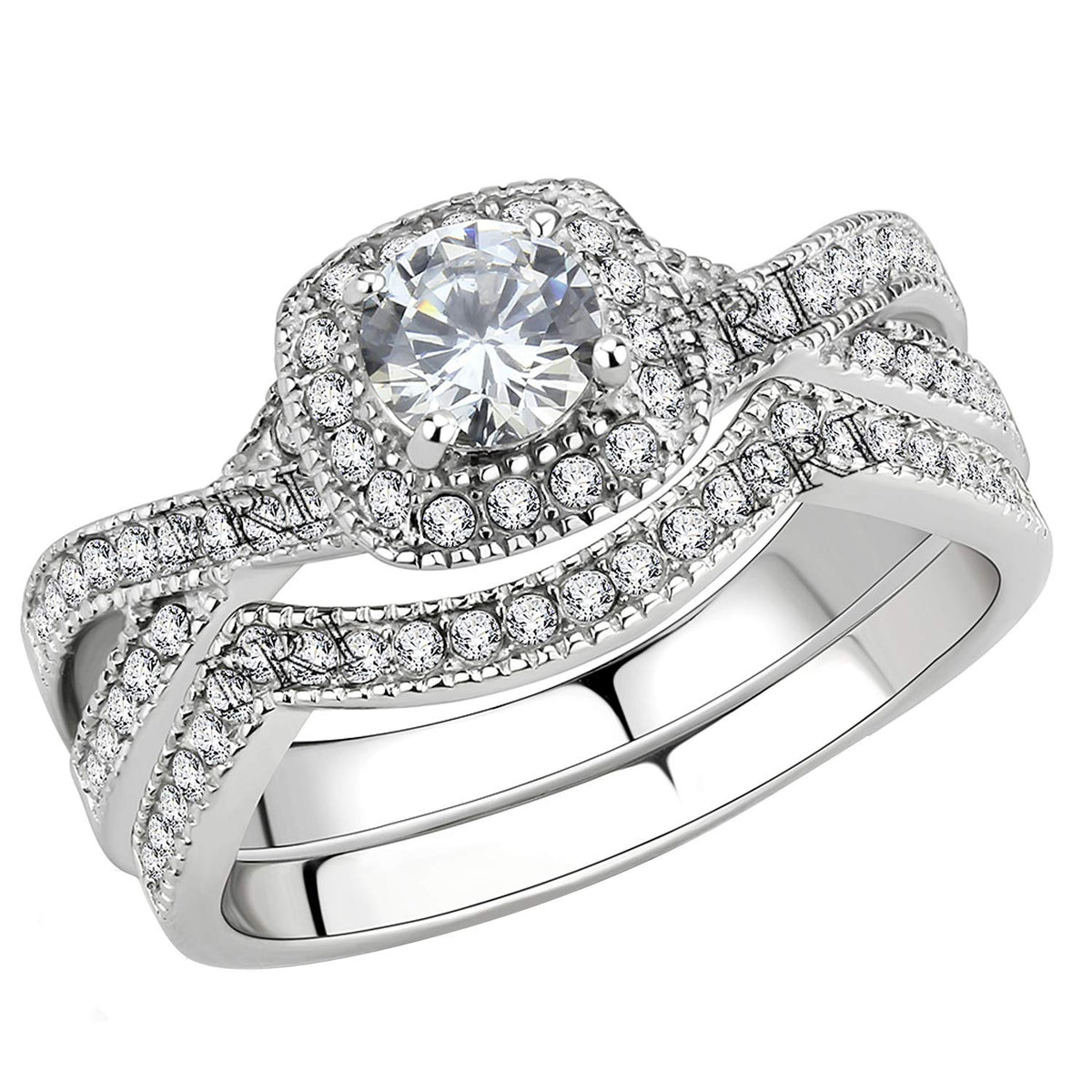 FlameReflection Stainless Steel Rings for Women Infinity Wedding Set Round CZ Cubic Zirconia Halo Engagement Bridal Jewelry Set Size 6