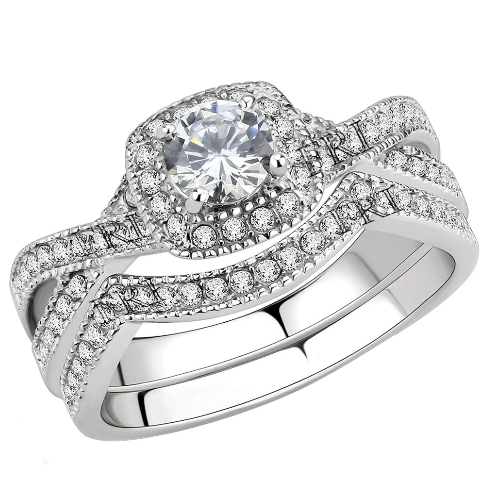 FlameReflection Stainless Steel Rings for Women Infinity Wedding Set Round CZ Cubic Zirconia Halo Engagement Bridal Jewelry Set Size 9