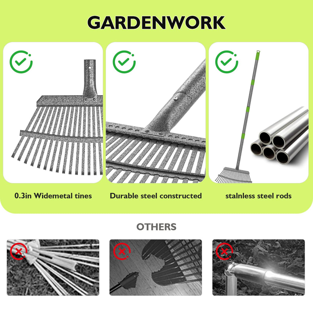 GARDENWORK Leaf Rake for Leaves,36-73" Long Garden Rake with 25&11 Tines