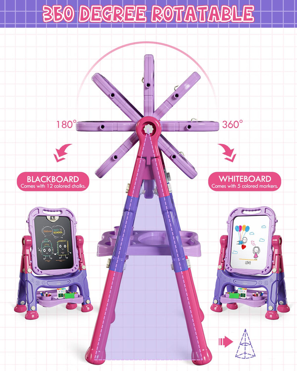 Lehoo Castle Easel for Kids, Double Sided Kids Art Easel with Magnetic White Board Chalk Board, Adjustable Standing Toddler Easel with Drawing Accessories, Gift for Girls 3 4 Years Old