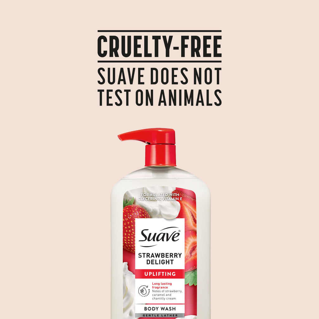 Suave Strawberry Delight Uplifting Body Wash, Formulated with Glycerin and Vitamin E for Hydrating and Gently Cleansing Skin, 30 oz pump, 4 Pack