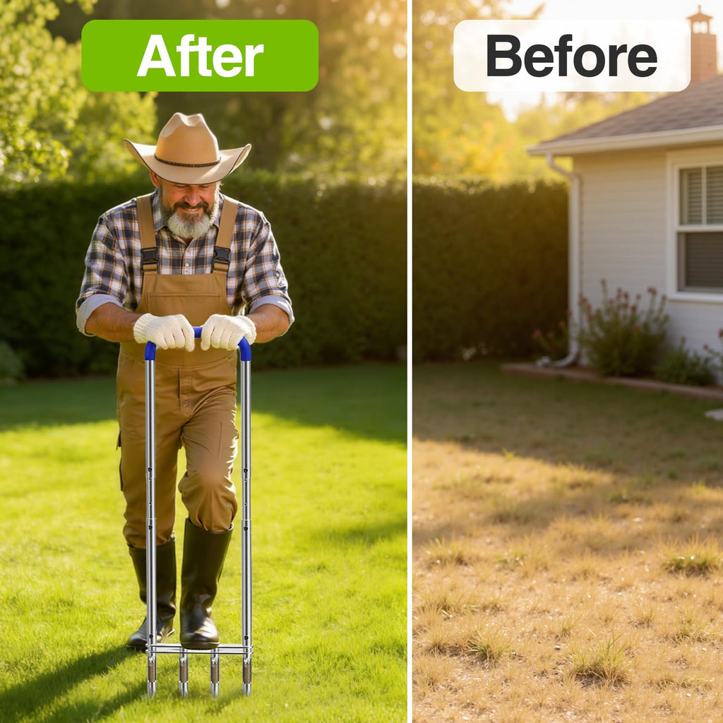 Knee-Friendly Manual Lawn Aerator Tool –Adjustable SUS304 Stainless Steel Core Aerator for Grass, Yard Aeration Tool with 4 Hollow Tines for Lawn Care and Compacted Soil,43.3"-48.5",Silver