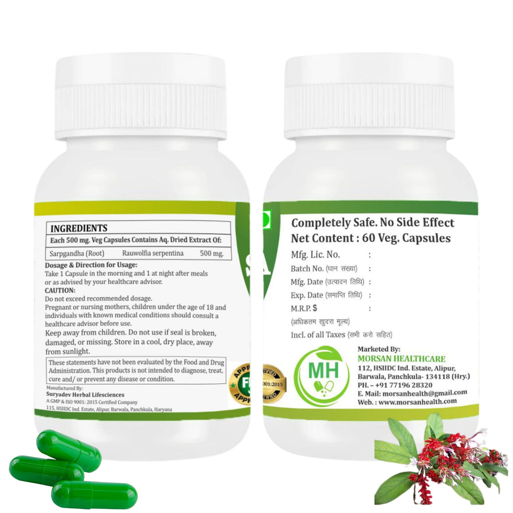 Morsan Healthcare Sarpgandha (Rauwolfia Serpentina) Capsules – Pack of 2 x 60 Veg Capsules | 500 mg Herbal Extract | Natural Ayurvedic Supplement for Daily Wellness