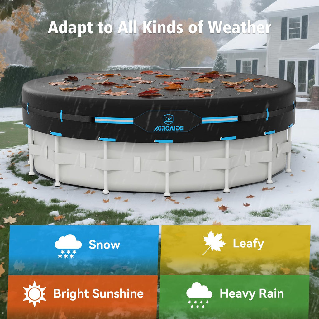 AGROAIDE Pool Cover 12ft Round, Upgraded Tear Resistance & Seamless Side Design, Above Ground Pool Cover with Metal Buckle Straps, All Season Protection - Snug Fit & Easy Set